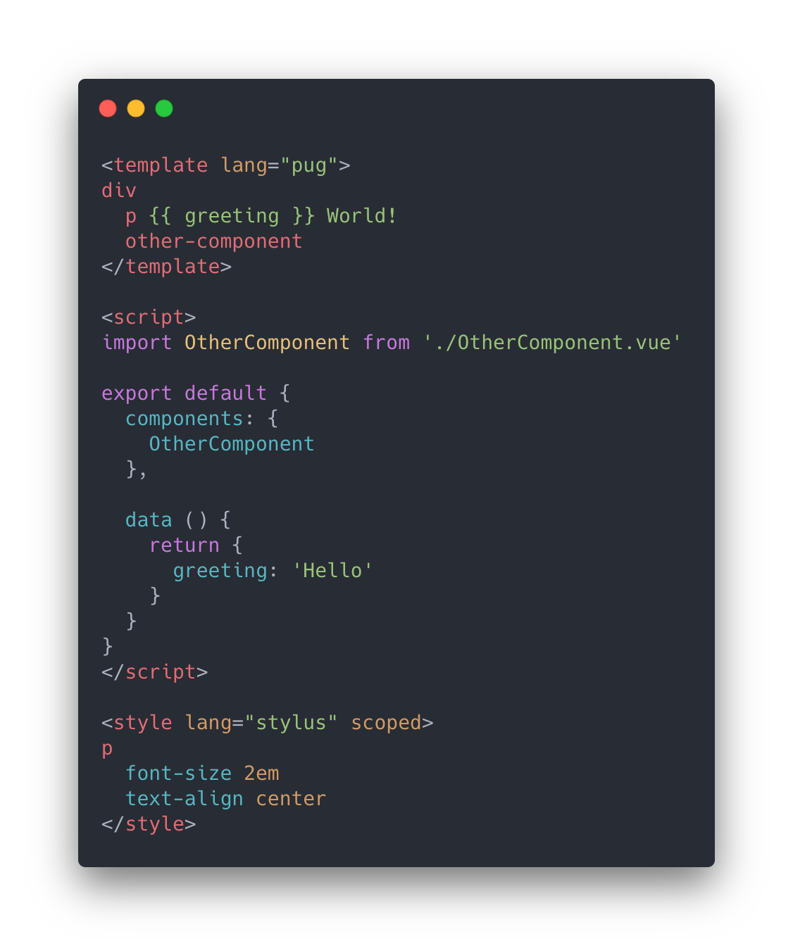 Single-file component with pre-processors example (click for code as text)